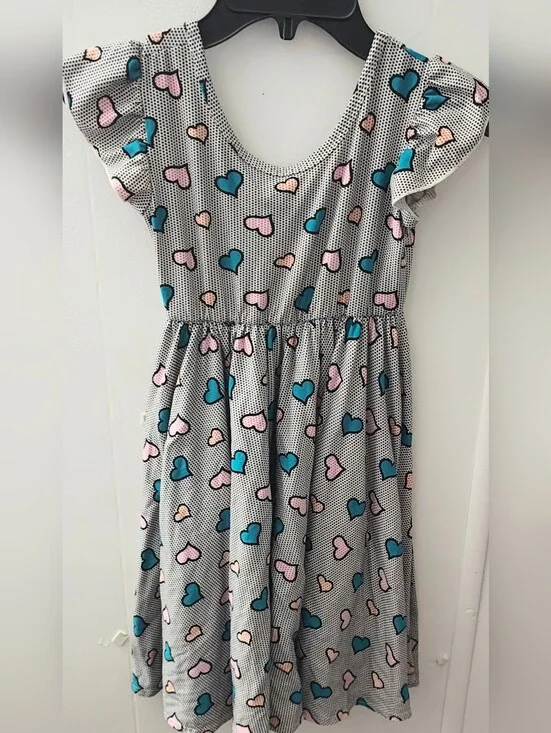 Girls' Polka Dot & Heart-Print Dress with  Ruffle Sleeve Caps