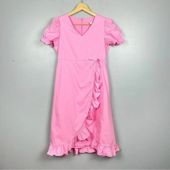 A Loves A girls pink faux wrap ruffle trimmed 100% cotton dress, large.
