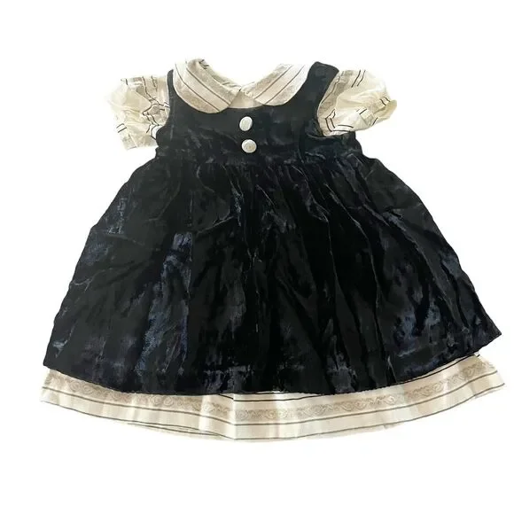 Donna Capozzi Kids 3T Dress Beige Woven Collared Baby Doll Dress Velvet Pinafore