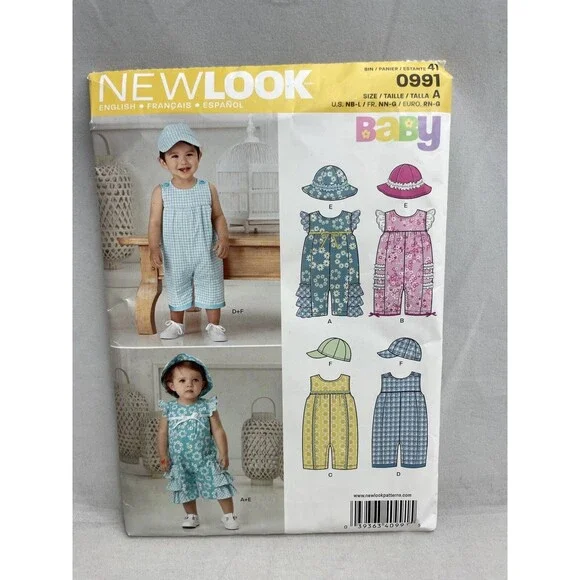 New Look Pattern 0991 Baby Toddler Overalls Jumper Summer Romper Hat Cap NB L