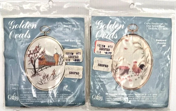 Lot of 2 Cathy Golden Ovals Crewel Kit Fall Barn Owl Barnyard Rooster NIP Sealed