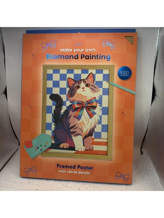AVEC DIY Diamond Art Painting Cat W/ Bow Tie Framed Poster Velvet 8000+ Stones