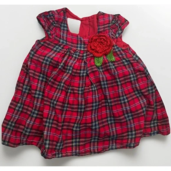 Vintage Laura Ashley Baby‎ Girl Christmas Dress Crocheted Flower Tartan 12m