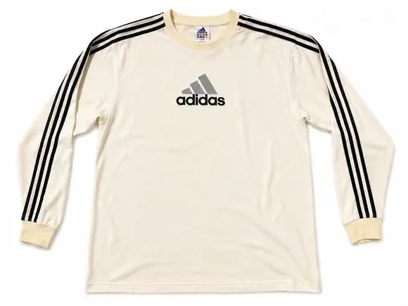 Vintage Adidas Long Sleeve Shirt 2XL Cream 3 Stripe Logo Soccer Made in USA