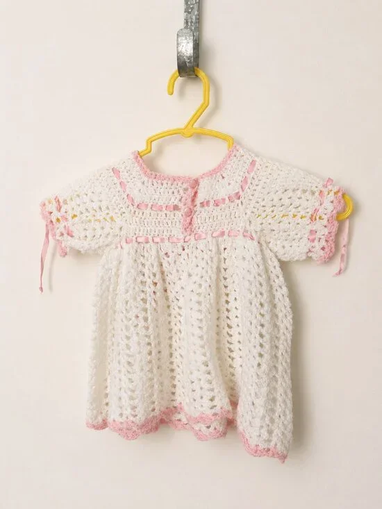 Vintage Hand Crocheted Baby Dress White Pink Ribbon Heirloom 3-6 Months