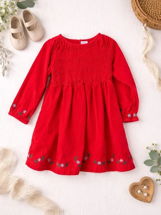 Hanna Andersson Red Corduroy Smocked Dress‎ US 4 (100 cm) Embroidered Holiday