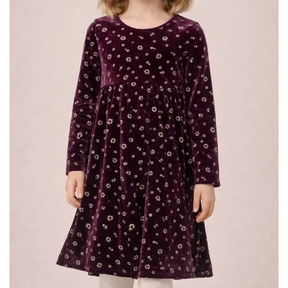 Vintage Y2K Purple Velvet Girls Dress Floral Long Sleeve Empire Waist Size‎ 6