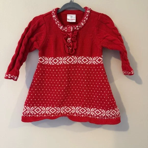 Hanna Andersson Red Fair Isle Knit Baby Dress Snowflake Buttons Long Sleeve‎