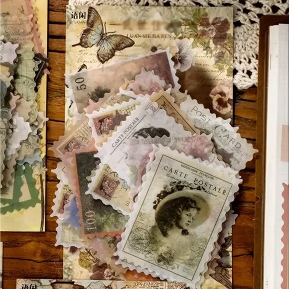 Set Of 60 pcs Vintage Style Stamp Stickers Adorable‎ Designs For DIY Scrapbooks