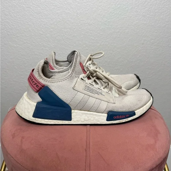Adidas NMD R1 Men's Size 9 1/2 Cream White Blue Boost‎ Running Shoes Primeknit