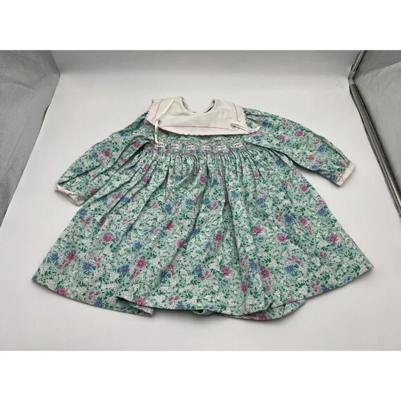 Vintage Rosey Kids Smocked Bishop Dress Girl 3T Blue Floral Embroidery