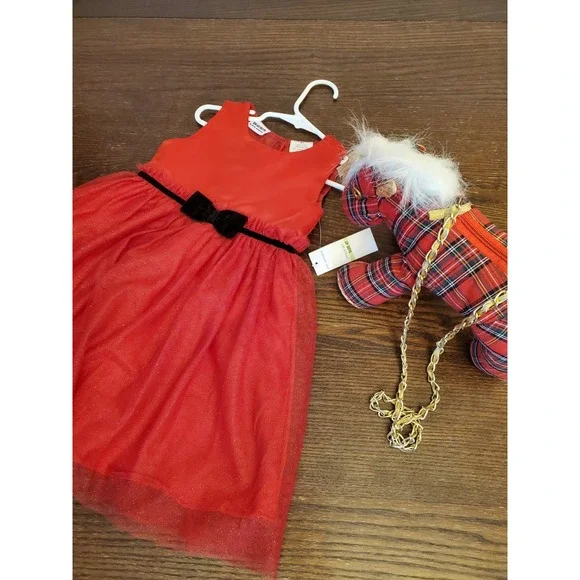 Blueberi Boulevard Girls 4T Red Dress Satin, Sheer & Glittery w/Plaid Pony‎ Tote