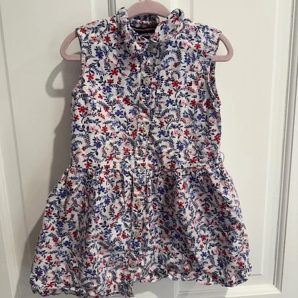 Tommy Hilfiger 3T Girls Red, White Blue Floral Sleeveless Collared Dress