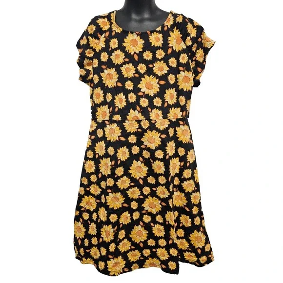 Children's Place Black Dress with Sunflowers Knee Length Short‎ Slv Size XL 14