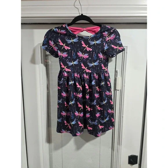 Pete + Lucy Girls Dragonfly Print Dress Navy Pink Bow Back P+Lush Size 6/6X