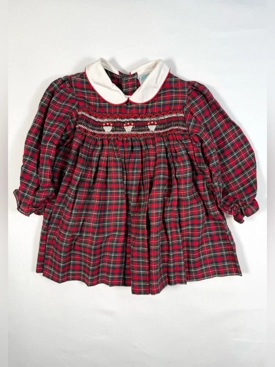 VINTAGE ALISON SCOTT Smocked Tartan Plaid Dress 18m Heirloom Holiday Cottagecore