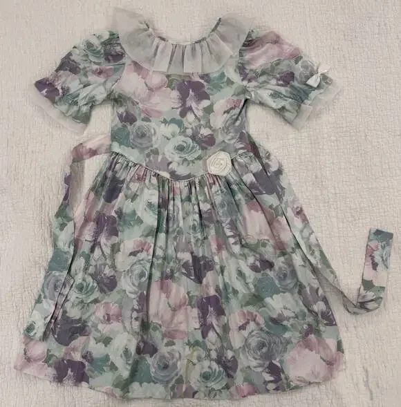 Vintage Girls Floral Fit & Flare Dress Ruffle Bow Waist Short Sleeve Knee Length