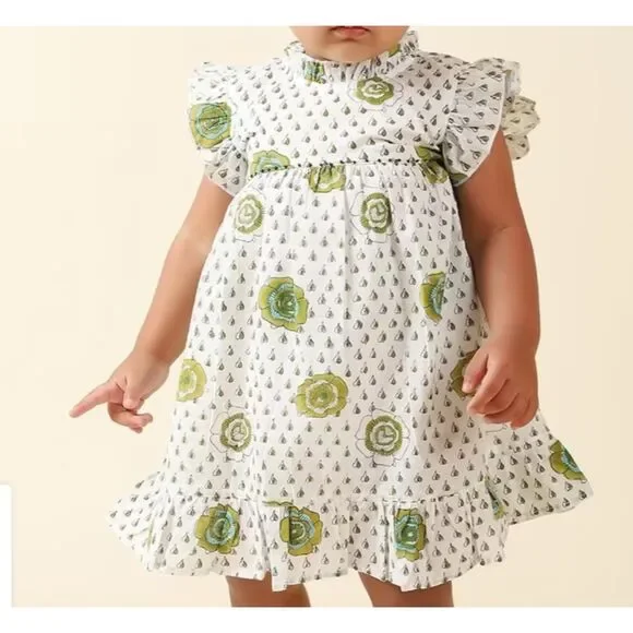 Floral Hand Block Printed Cotton Flutter Sleeve Frock 18-24m