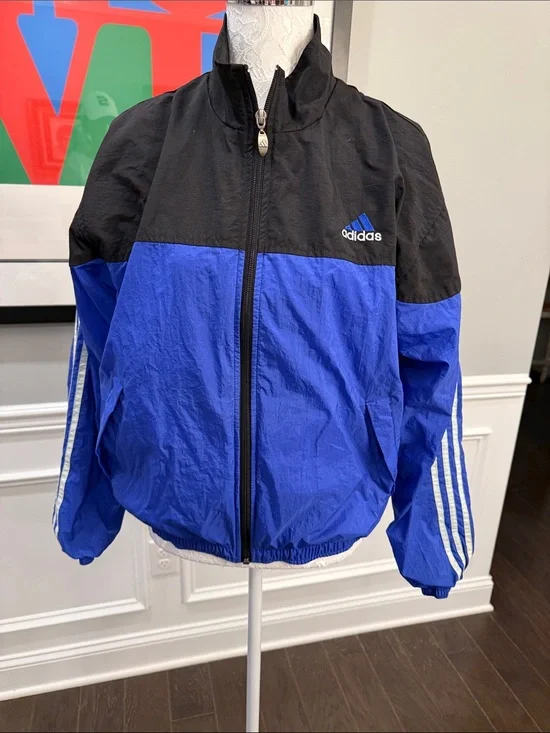 Vintage Adidas Windbreaker Jacket Small Blue Black Colorblock Track 90s
