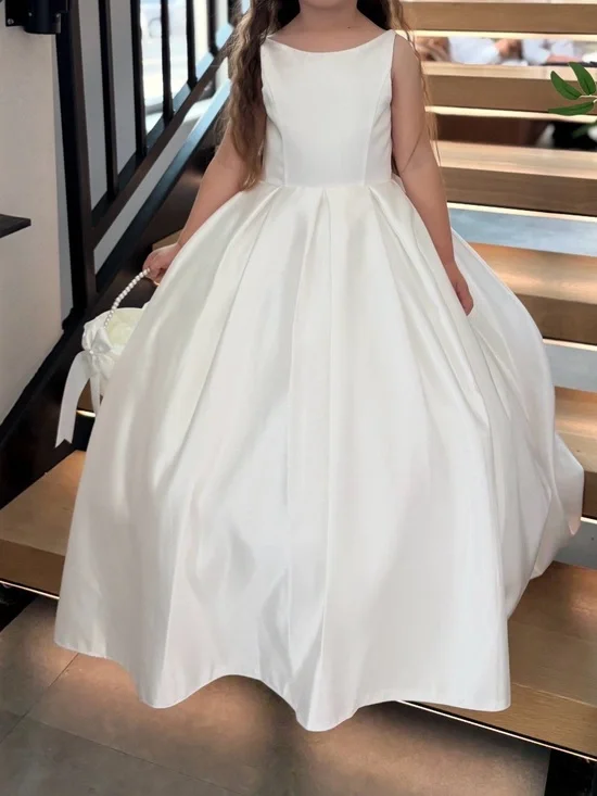 Girls White Satin Flower Girl Dress with Bow Bag