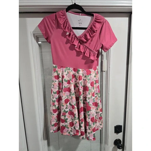 Pete + Lucy Girls Pink Floral Ruffle Faux Wrap Dress P+Lush Size 10/12 NWT