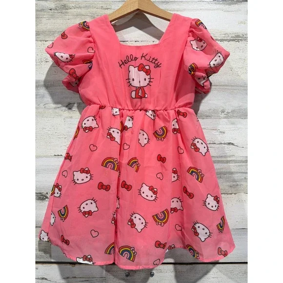 Sanrio Hello Kitty Dress Girls 5 Pink Puff Sleeve Rainbow Sanriocore EUC