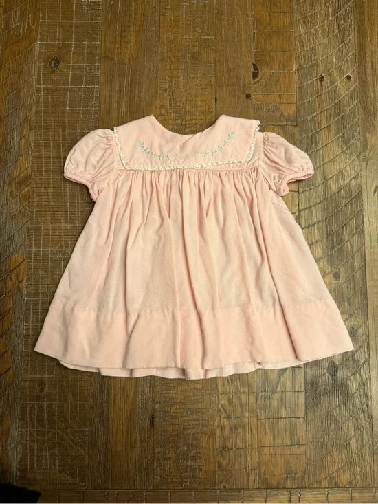 Vintage Nannette Baby Girl Pink Collared Dress Embroidered Flowers 6-9 Months