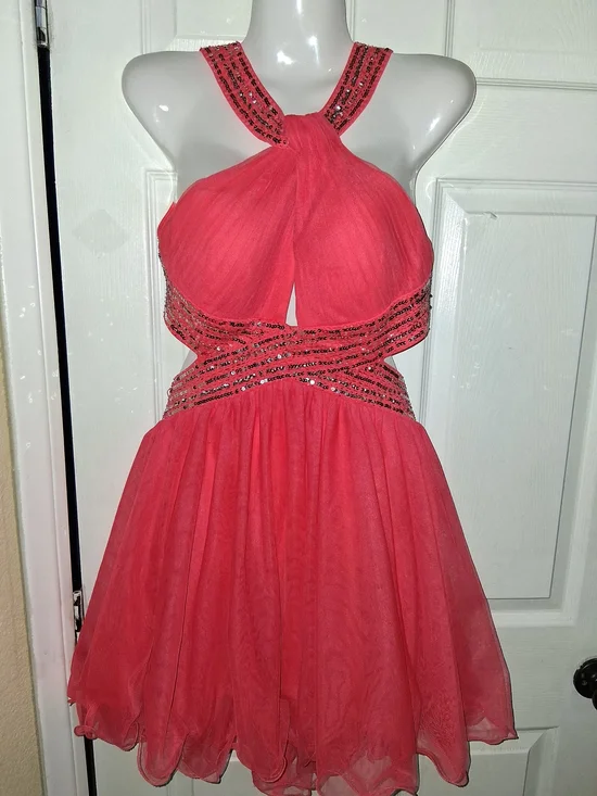 Blondie Nites Vtg Y2K Pink Beaded Halter Keyhole Prom Cocktail Dress