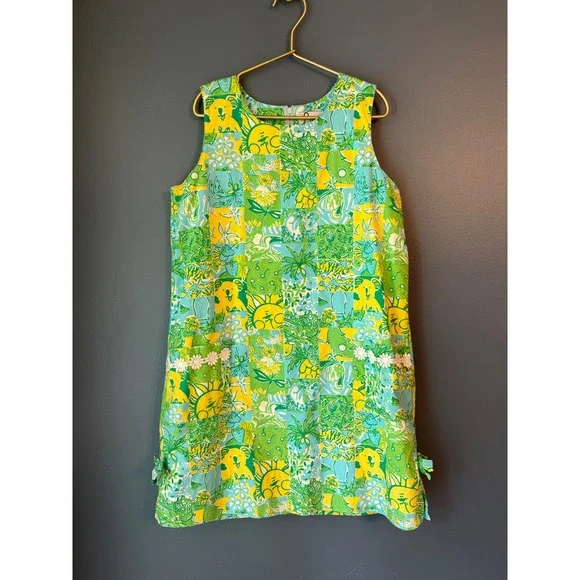 Vintage Lilly Pulitzer Girls Green Yellow Koala Patchwork Shift Dress Size 14