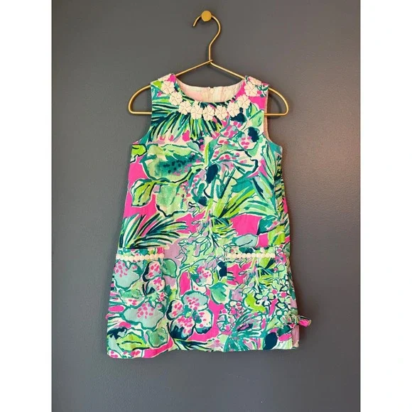 Lilly Pulitzer Girls Pink Green Tropical Floral Corduroy Shift Dress Size 5
