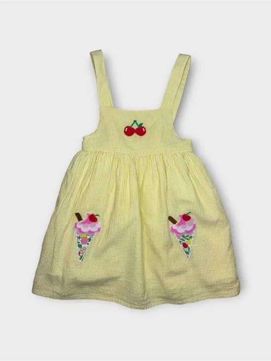 Mini Boden Ice Cream Treats Applique Yellow Seersucker Pinafore Dress