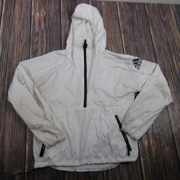 Adidas Jacket Mens Small White Hooded 1/2 Zip Windbreaker Lined Pockets Running