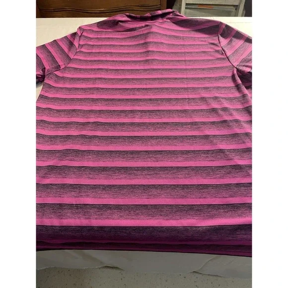 adidas Men's Polo Shirt L Pink Black Striped Short Sleeve Collared Button Poly