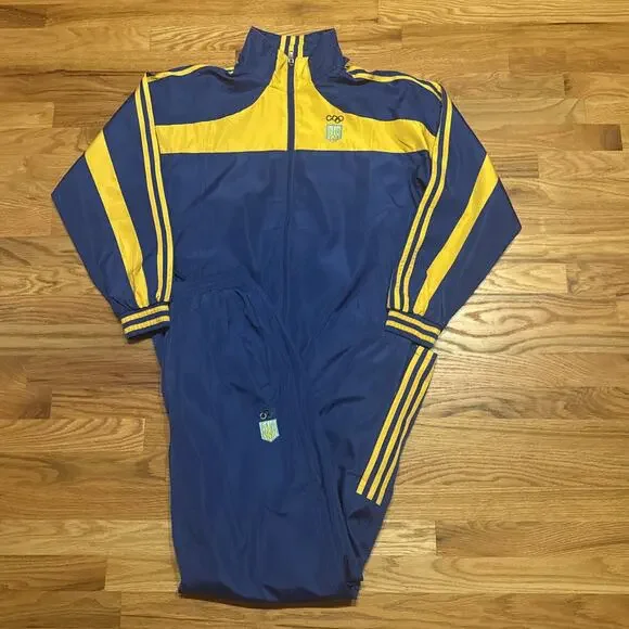 VTG Adidas Ukraine Olympics Blue Yellow Windbreaker Track Suit Size XLarge READ