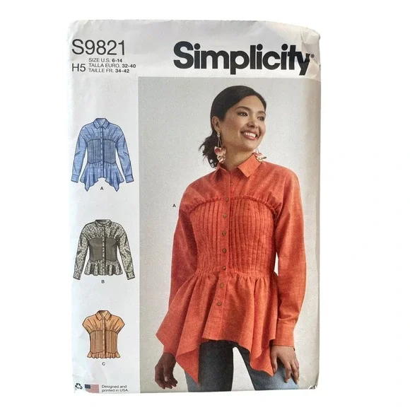 Simplicity S9821 Misses Blouse Peplum Top US 6-14 Modern Pintuck