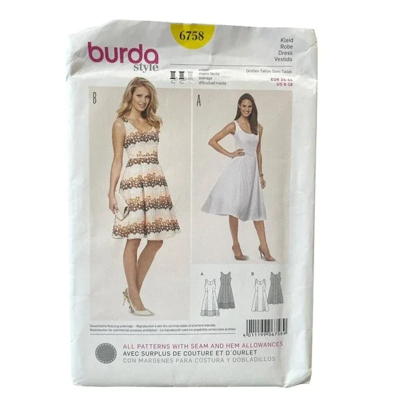 Burda Style 6758 Dress US 8-18 EUR 34-44 Fitted Flared A-Line Uncut FF