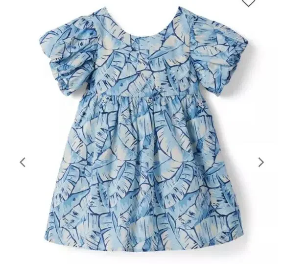 Janie and Jack Girls 5 Dress Floral Blue Palm Leaf Bubble Sleeve Cotton A-line