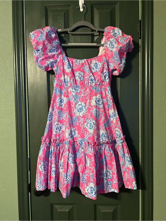 Lilly Pulitzer Pink Floral Puff-Sleeve Sundress with Blue Accents