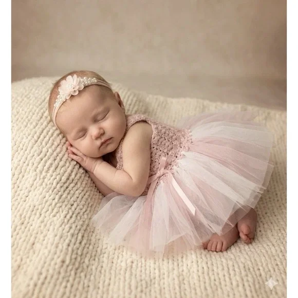 Elly & Emmy My First Dress Up 0-6 Months Baby Photoshoot Pink Knit Tulle Flower