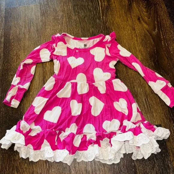 Bums & Roses Bamboo Bright Pink Heart-Print Ruffle Hem Kids Dress