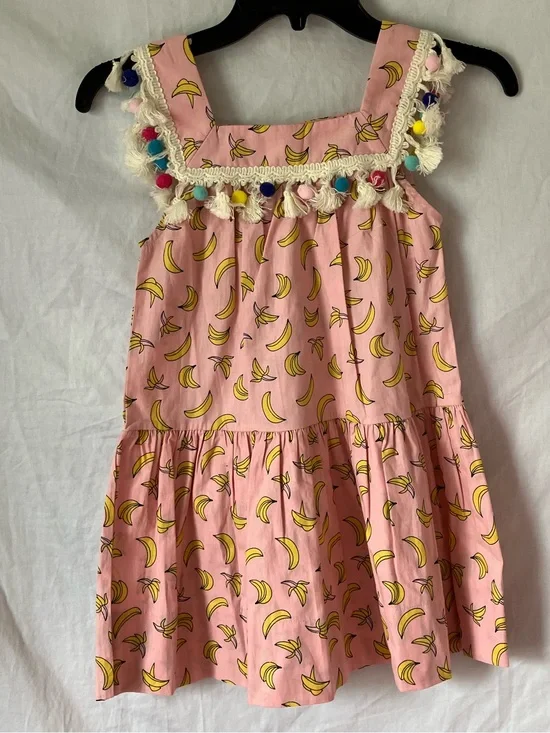 Peas and Queues Banana Print Dress with Pom Pom Trim - Size 7