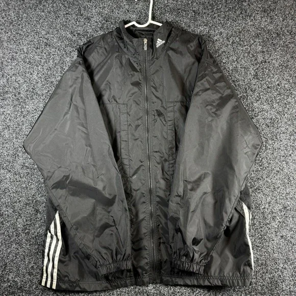 Adidas Vintage Windbreaker Jacket XL Black Full Zip Mesh Lined 3 Stripe Mens