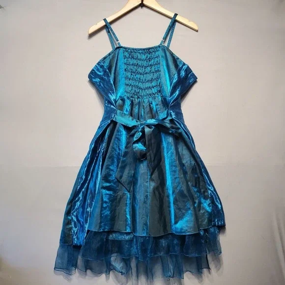 VTG Y2K Prom Dress Juniors Medium Iridescent Blue Metallic Rosette Ruffle Fairy