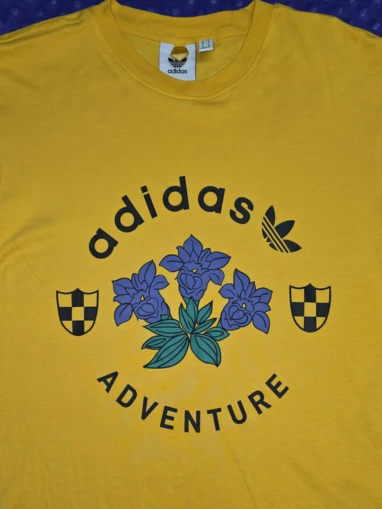 adidas Yellow Tee with Purple Floral and Green Leaf Graphic