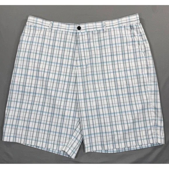 Adidas Golf Shorts Mens 42 White Blue Gray Plaid Flat Front Casual Golf 42