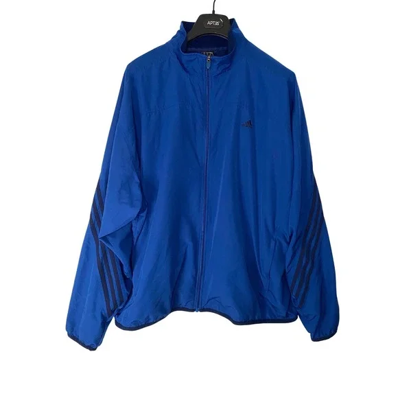 Adidas Mens 3XL Windbreaker Jacket Blue Full Zip Mesh Lined 3 Stripe Track Coat