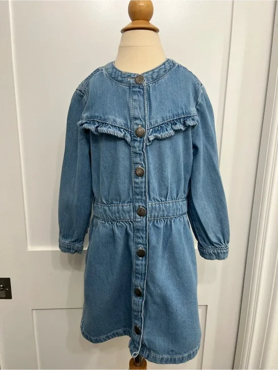 Classic Light Blue Denim Dress with Ruffle Yoke
