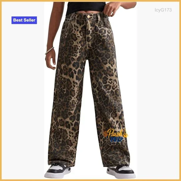 Girls Straight Leg Denim Pants High Waist Elastic Waist Cheetah Print