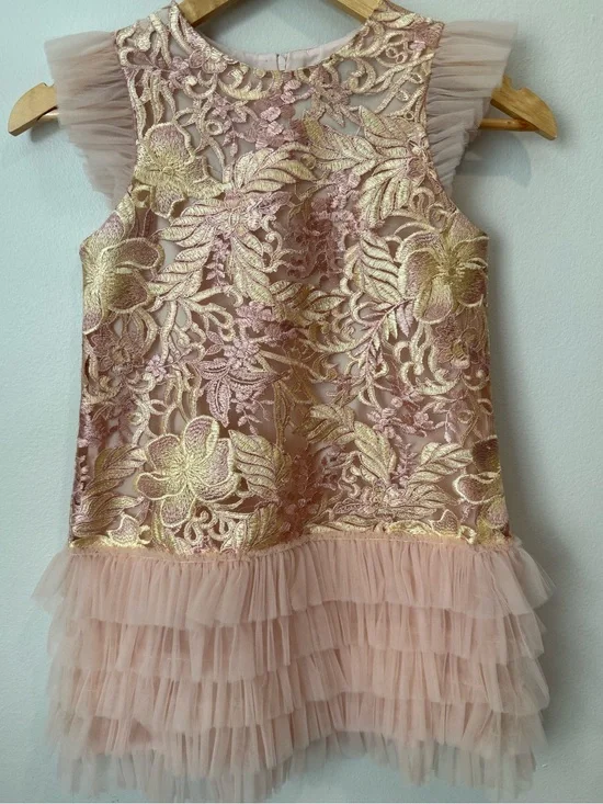 Nha Khanh Girls Blush Gold Embroidered Tulle Party Dress Formal Fancy Size 10
