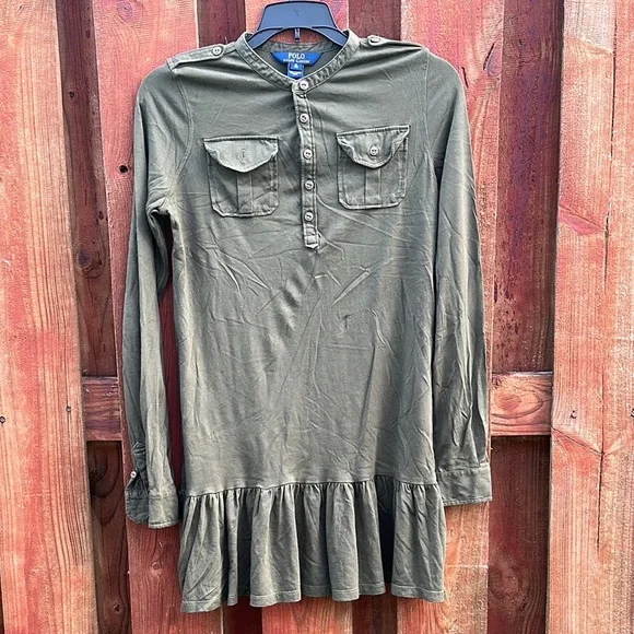 Polo Ralph Lauren Girls Olive Green Utility Ruffle Dress Size XL (16)